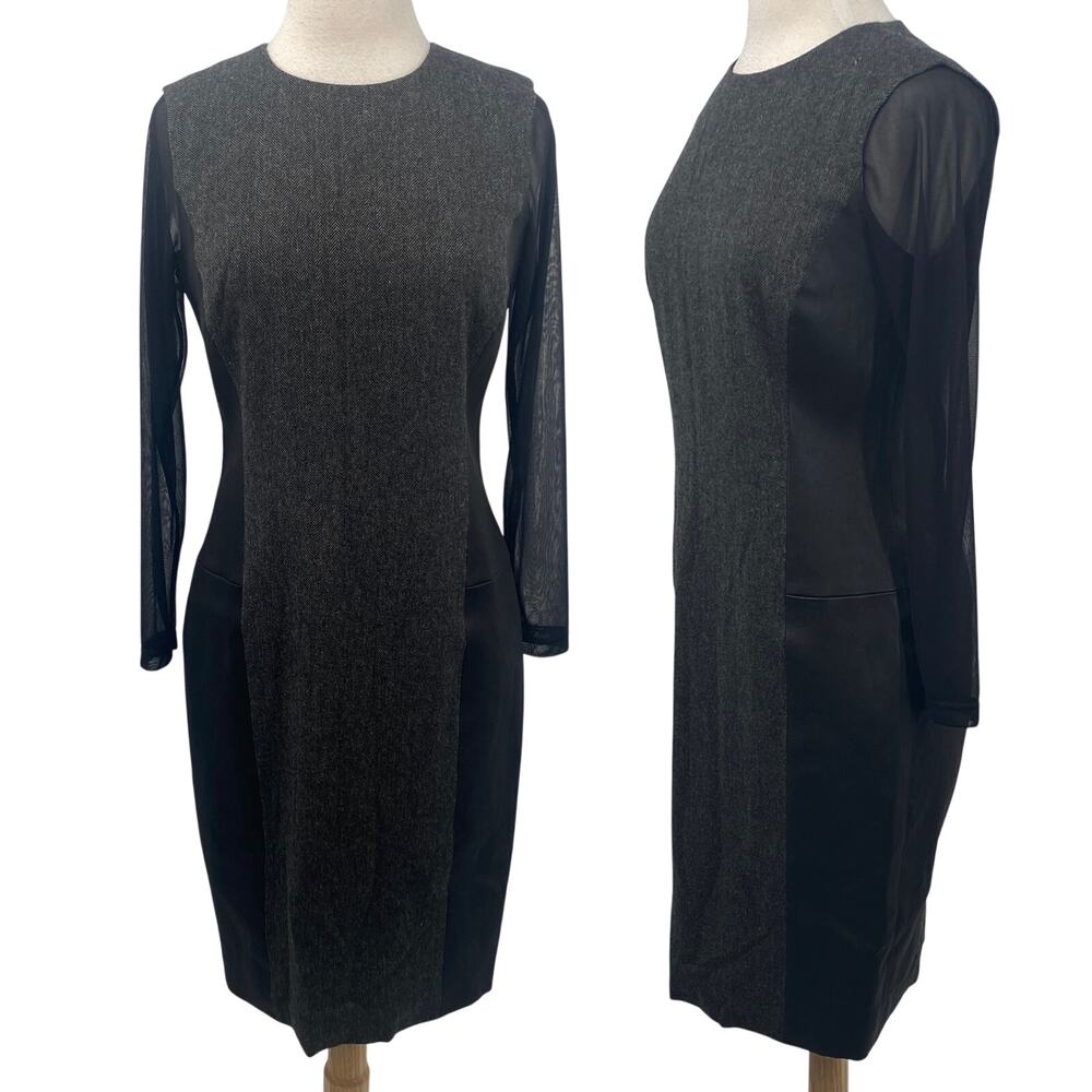 Ralph Lauren Black Label Wool Cashmere Herringbone Dress Lamb Leather Panels 10